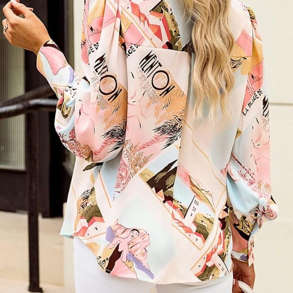 Button Down Printed Lantern Long Sleeve Blouse - image 4